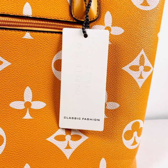 Trendy orange/white monogram pattern tote shoulder crossbody bag/wallet set gold - Picture 14 of 14